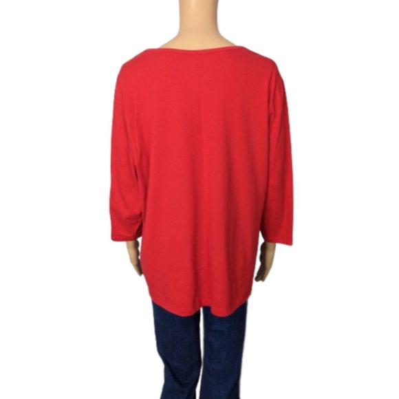 Coral Bay Red and Silver Snowflake Embellished 3/4 Length Sleeve Top 1X - Picture 7 of 9